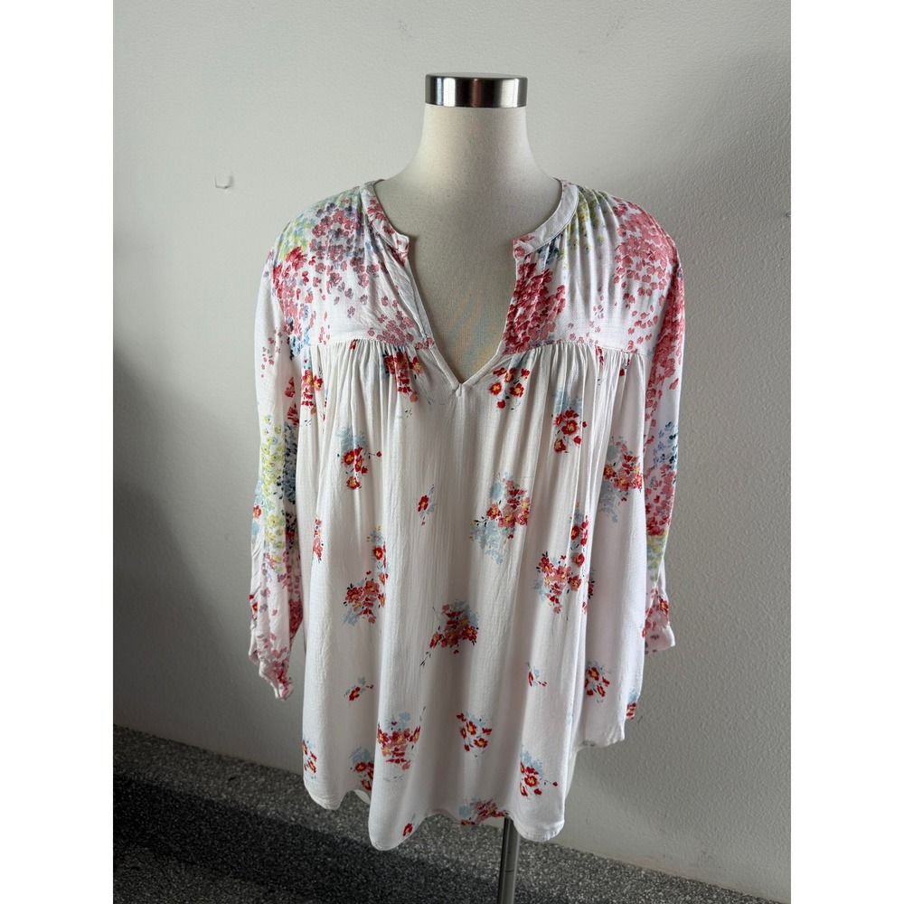 Lucky Brand Womens Plus 2X Floral Peasant Blouse White Pink Blue V Neck Top